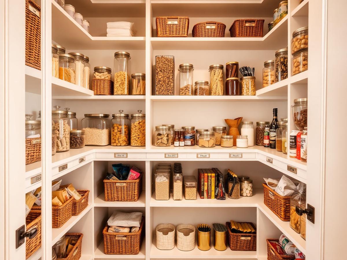 Organized luxury pantry with clear canisters in Palm Beach, FL home